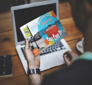 Chili cook off post card with a bowl of chili and blue, yellow and orange accent colors.